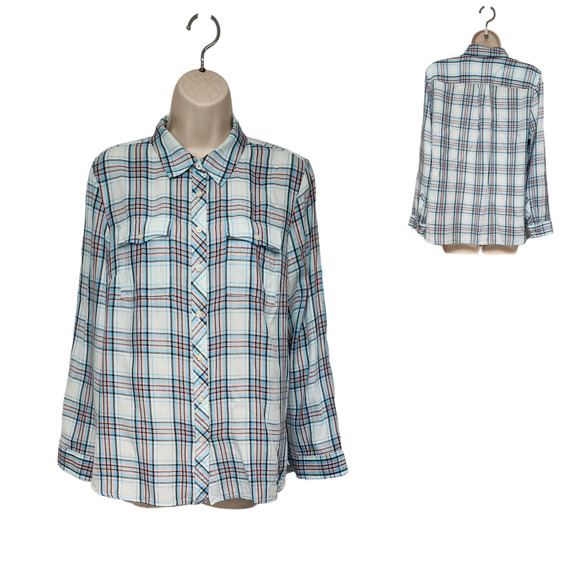 Talbots Plaid Blue/Peach Roll-Tab Sleeve Button Down Shirt Size LP - Picture 1 of 8